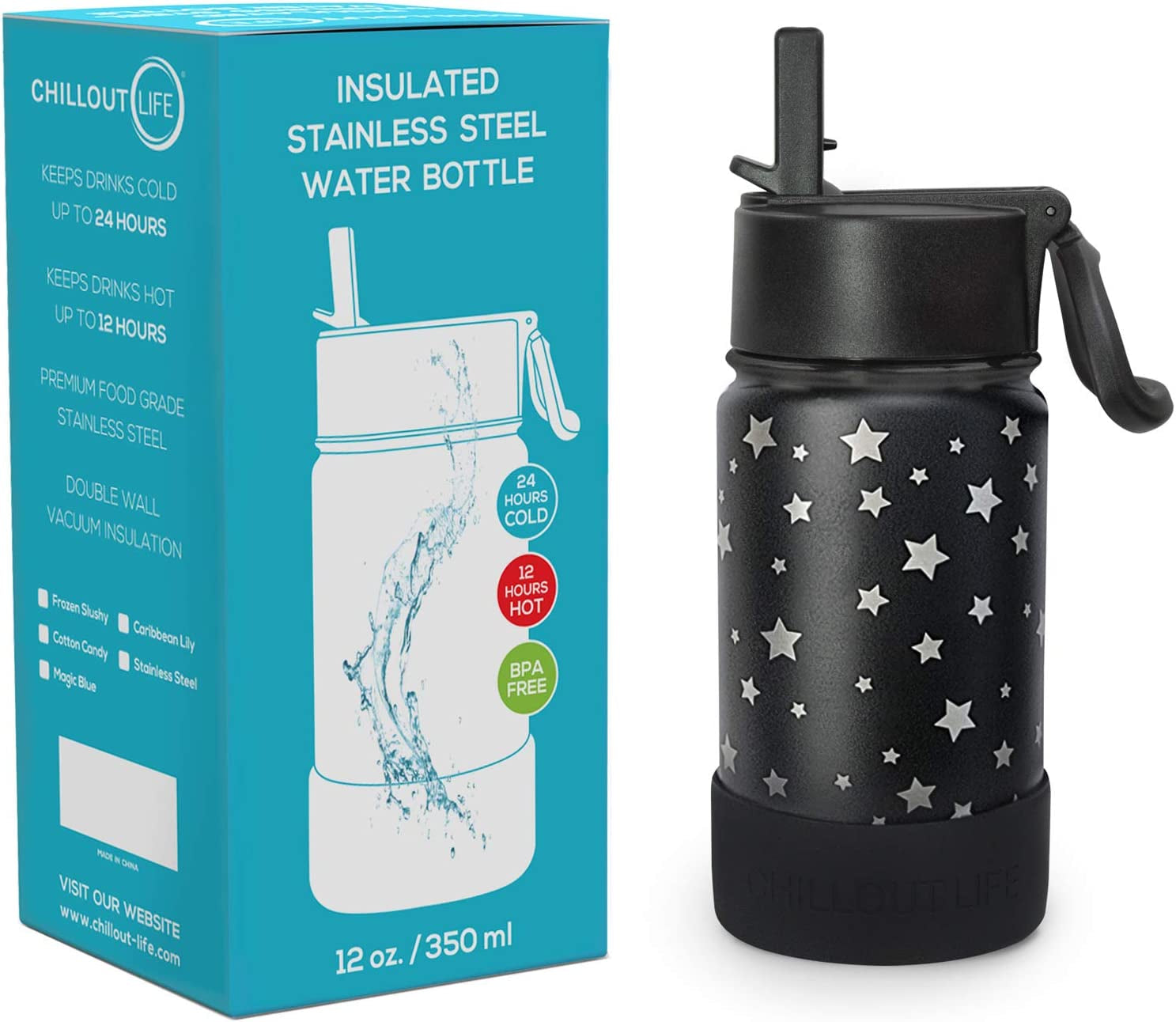 12 Oz Kids Insulated Water Bottle for School with Straw Lid Leakproof and Cute Waterproof Stickers, Personalized Stainless Steel Thermos Flask Metal Water Bottle for Girls & Boys