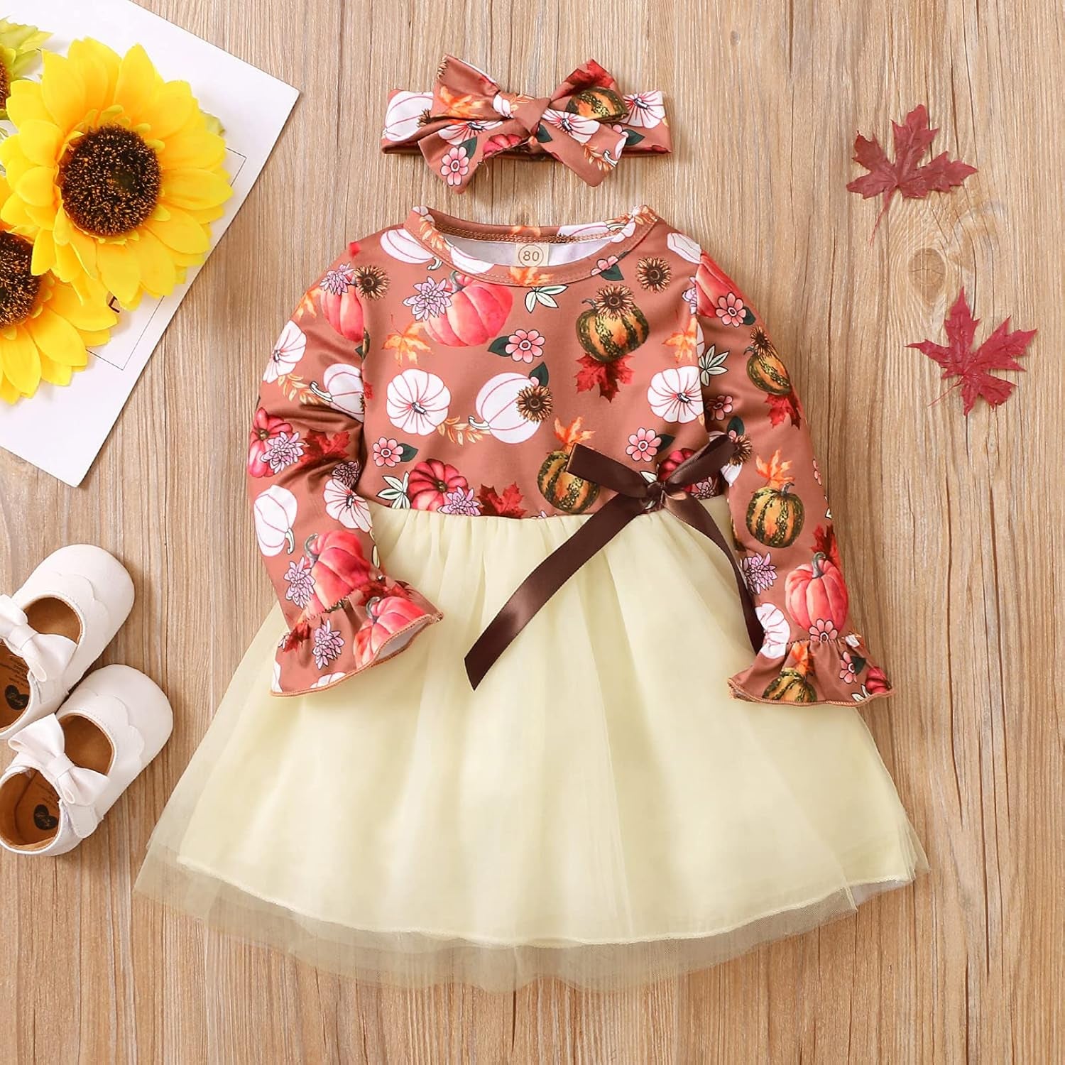 Toddler Baby Girl Halloween Dress Cute Long Sleeve Pumpkin Tutu Skirt Dresses Princess Tulle Dress + Headband Set
