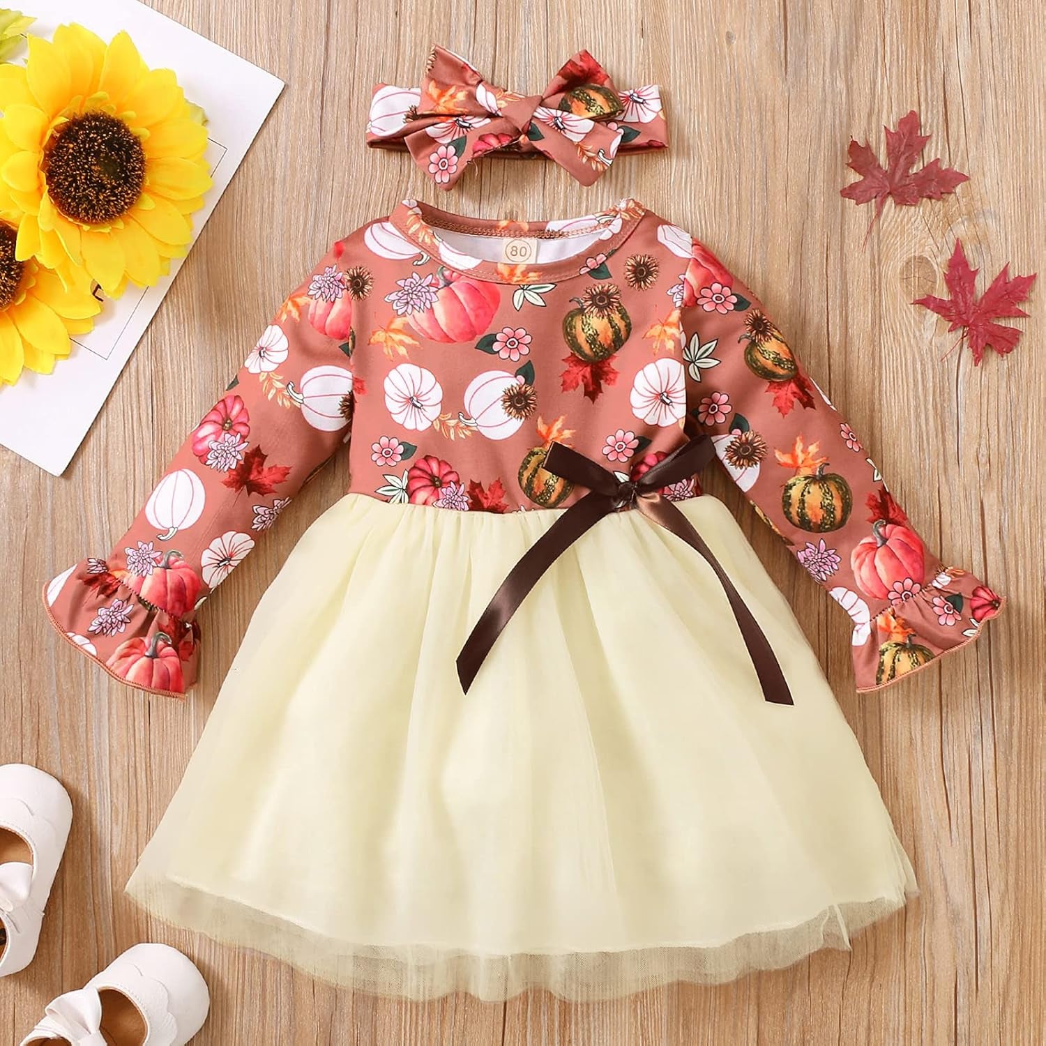 Toddler Baby Girl Halloween Dress Cute Long Sleeve Pumpkin Tutu Skirt Dresses Princess Tulle Dress + Headband Set