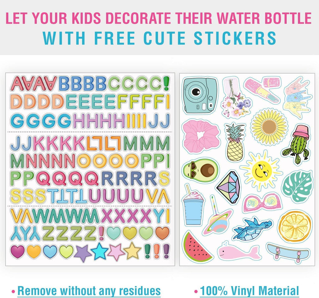 12 Oz Kids Insulated Water Bottle for School with Straw Lid Leakproof and Cute Waterproof Stickers, Personalized Stainless Steel Thermos Flask Metal Water Bottle for Girls & Boys