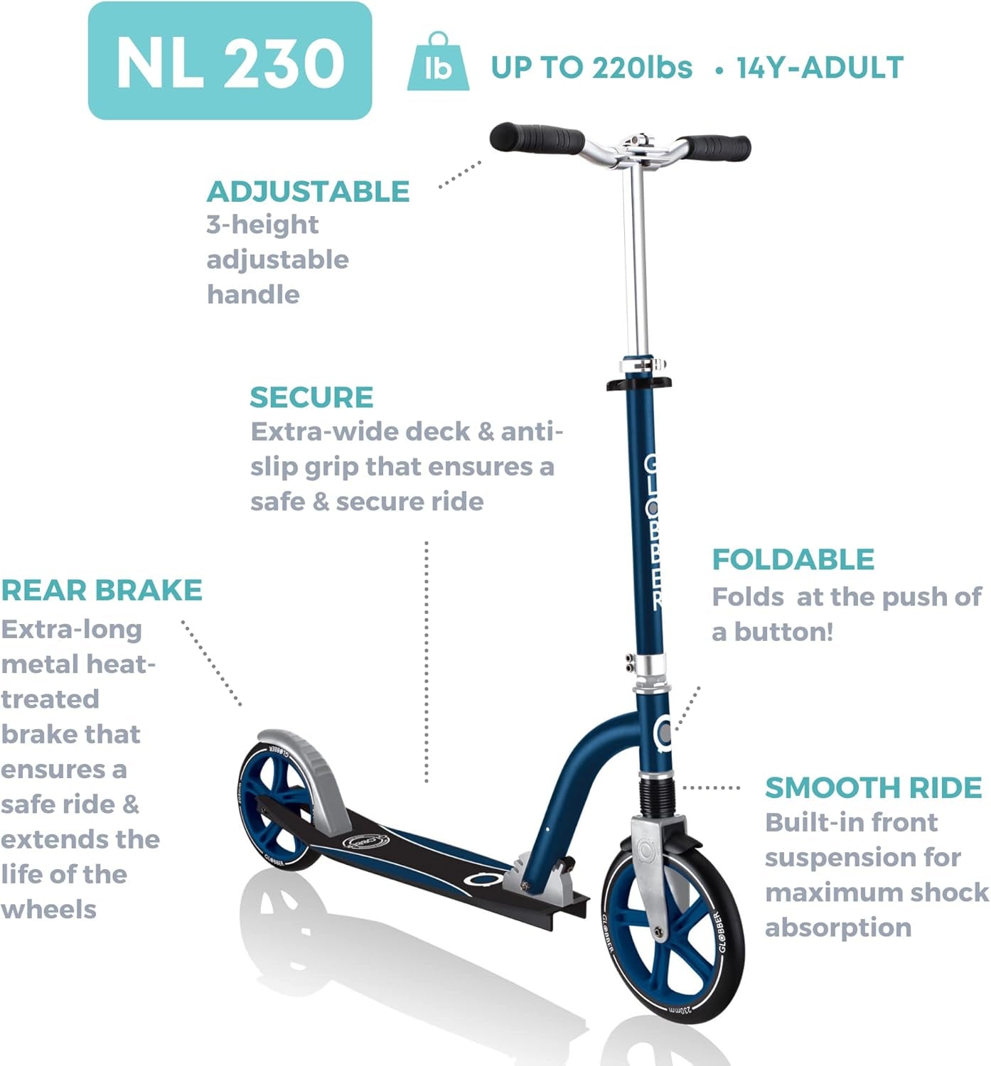 NL Series Scooter | 2-Wheel Kick Scooter for Adults & Kids 8+ | Foldable Kick Scooter with Safe, Non-Slip Deck & Premium Brakes | 3 Height Adjustable Big Wheel Scooter for Boys & Girls