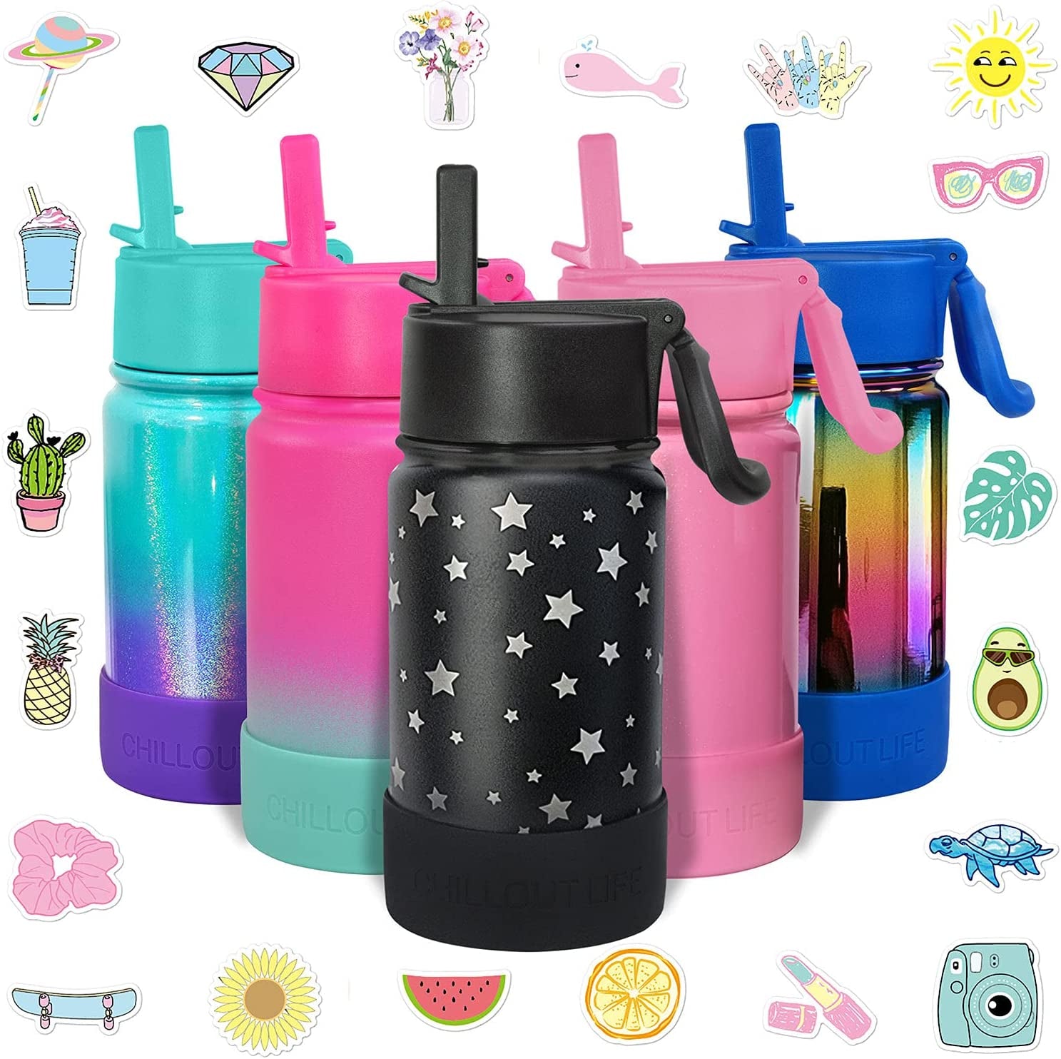 12 Oz Kids Insulated Water Bottle for School with Straw Lid Leakproof and Cute Waterproof Stickers, Personalized Stainless Steel Thermos Flask Metal Water Bottle for Girls & Boys
