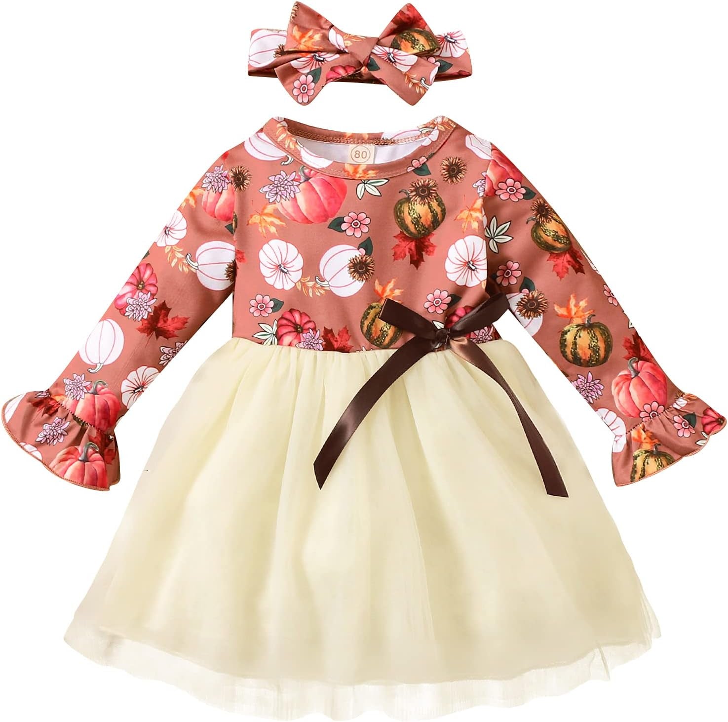 Toddler Baby Girl Halloween Dress Cute Long Sleeve Pumpkin Tutu Skirt Dresses Princess Tulle Dress + Headband Set
